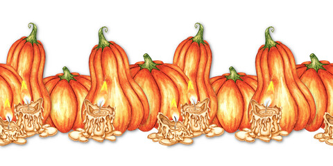 Pumpkins and melting candles. Hand drawn illustration on Halloween theme. Isolated from background. Pattern horizontal, border, ribbon. For spooky decor, fall holiday, seasonal invitation template.