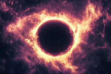 Fiery cosmic ringed dark celestial body in space.