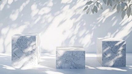 White Square Granite Pedestals Illuminated by Sunlight-Product Display Background.