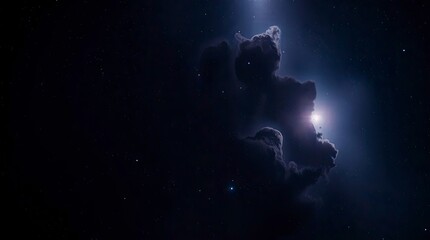 A dramatic, high-contrast image of a galaxy, featuring deep shadows and hazy soft light.