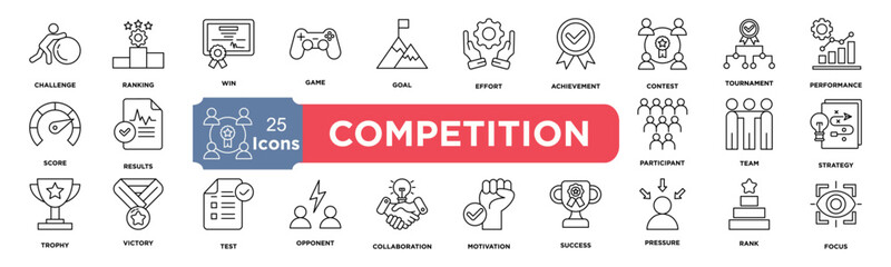 Fototapeta premium Competition icon collection set. Containing challenge,contest,win,game,goal,ranking,effort,achievement,tournament,performance icon. Simple line vector.
