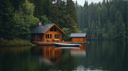 Obraz premium Serene Lakeside Log Cabin Retreat in Lush Green Forest Tranquil Waterfront Getaway