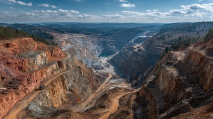 Fototapeta premium Extensive open pit mine excavation industrial resource extraction landscape