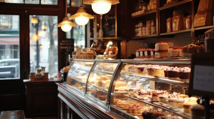 Warm and inviting pastry shop interior with displays of delicious treats.