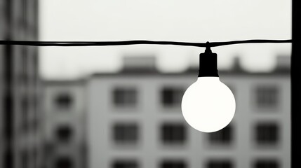 Single Illuminated Lightbulb Hanging Outdoors Against Blurred City Building Background