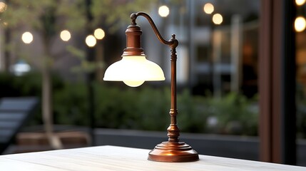 Vintage Copper Desk Lamp with White Shade Illuminated Outdoor Setting