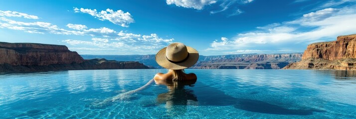Woman relaxes in infinity pool overlooking a vast canyon