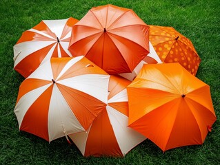 Colorful Orange and White Umbrellas on Green Grass After Rain