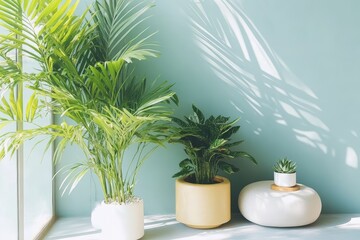 Lush Green Indoor Plants in Modern Pots Sunlight Shadows on Wall Home Decor