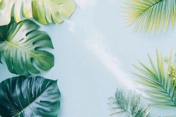 Lush Tropical Greenery Frame Monstera Palm Exotic Leaves on Light Blue Background