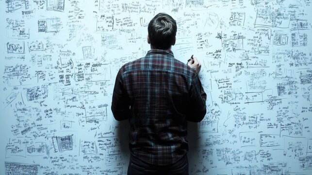 Conceptual problem solver writing equations on a complex whiteboard full of formulas solving an unsolvable scientific problem