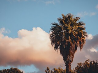 Majestic Palm Tree Silhouette Against a Dramatic Sunset Sky with Fluffy Clouds