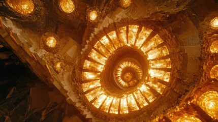 Obraz premium Golden spiral staircase with glowing orbs