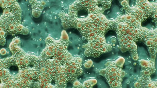 Microscopic View of Green and Orange Organisms in Liquid