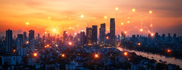 Fototapeta premium Sunset city network, river, connection