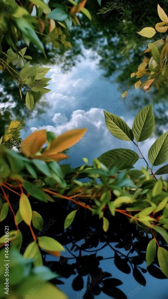 Poster eye-level view under tree canopy with sky and clouds background through green leaves