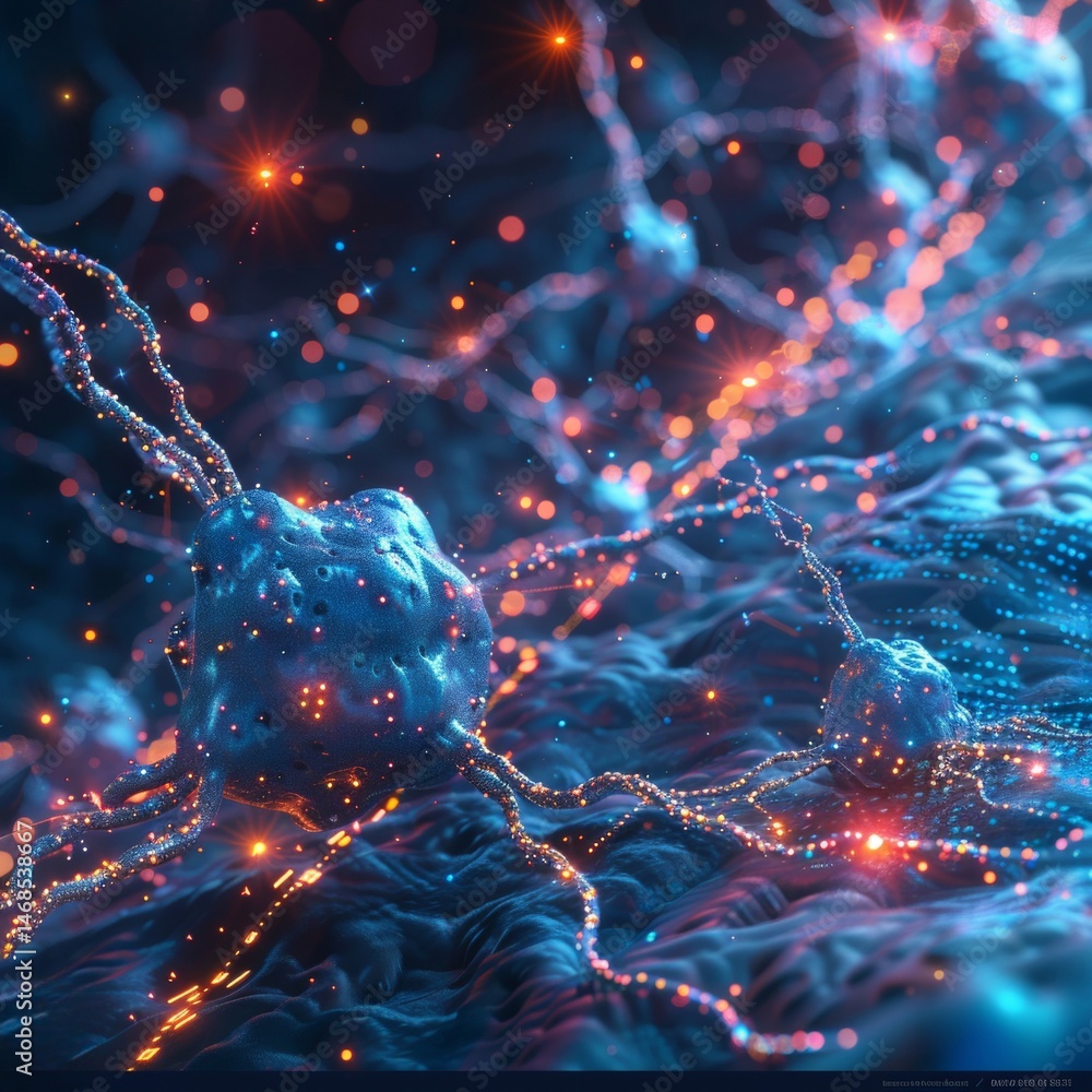 Aufkleber glowing neural network abstract digital art: blue orange and red data streams