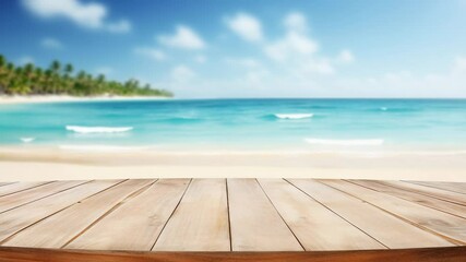 Wooden deck scene overlooking tropical beach shore with palm trees, gentle waves and clear sky loop for summer backgrounds and titles