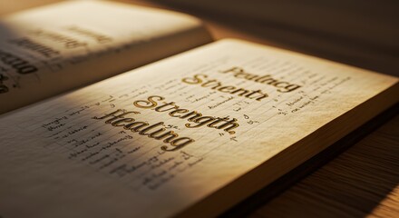 Open Book with Inspirational Text Highlighting Strength and Healing in Soft Natural Light