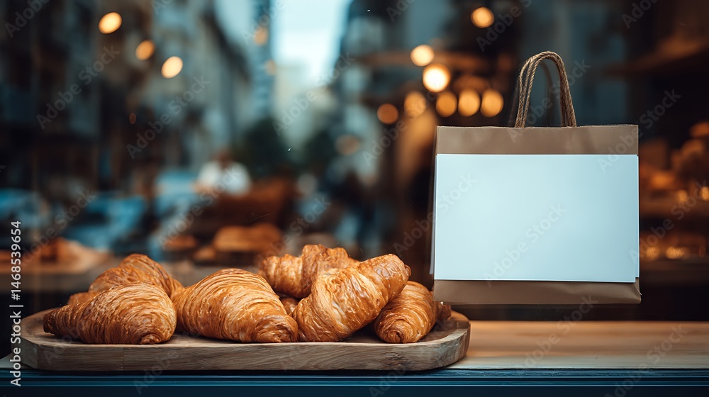 Poster freshly baked croissants displayed with blank sign mockup template in bakery window