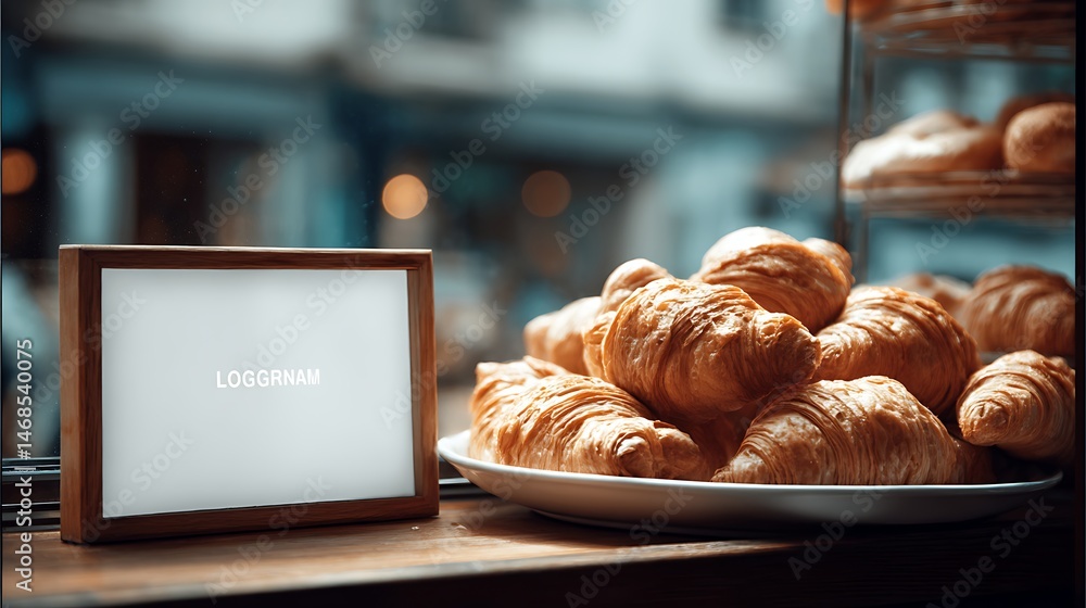 Poster freshly baked croissants displayed with blank sign mockup template in bakery window