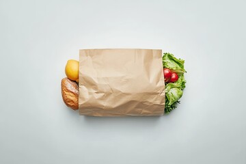 Brown paper bag filled with fresh produce and bread