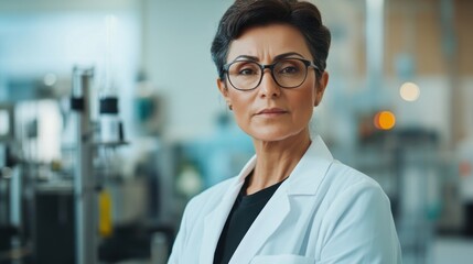 Fototapeta premium Confident Asian Woman Laboratory Scientist in White Coat with Glasses, Standing in Modern Research Facility Environment