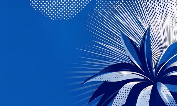 Blue background with white rays of light and a blue palm tree, vector illustration, blue color scheme, 
