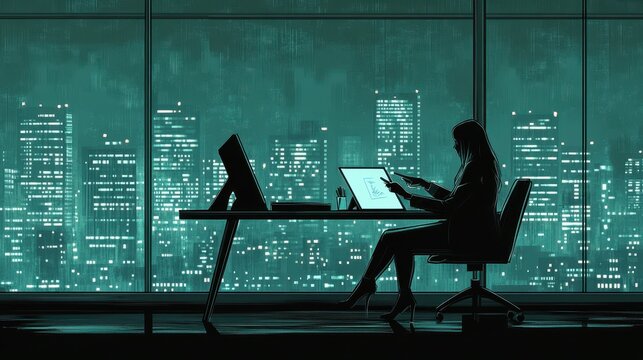 Introspective coder at computer desk silhouette against rainy city skyline digital illustration in melancholic mood and atmosphere