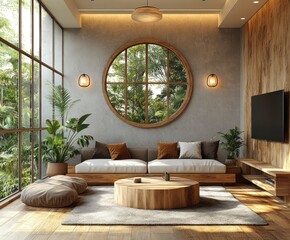 Modern, minimalist living room with natural wood accents.