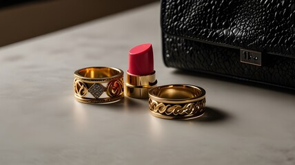 Bold fashion rings next to lipstick and accessories 