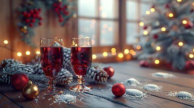 Cinco copas de vino tinto y blanco, dispuestas elegantemente sobre una mesa decorada con luces suaves y festivas. El ambiente  HD 8K wallpaper Photographic Image
