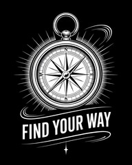 Monochrome navigational tool illustration featuring radiating light and inspirational text