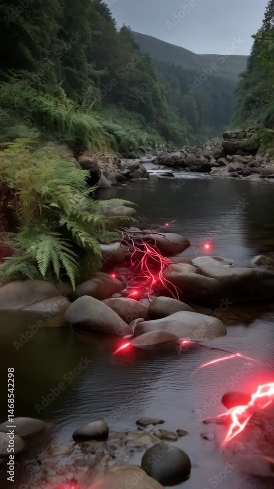 Poster scenic river flowing through forest with mysterious red light strands on rocks in foreground under a