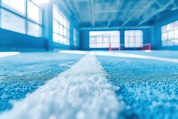 A bright, indoor sports court with a clear white line in focus and sunlight streaming through large windows.