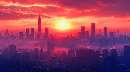Fototapeta premium Urban sunset cityscape background ultra realistic painting of high-rise silhouettes against a molten sky of tangerine and violet, with window glows flickering like fireflies under descending dusk back
