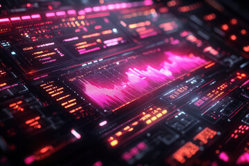 Close-up of pink and black digital sound wave.