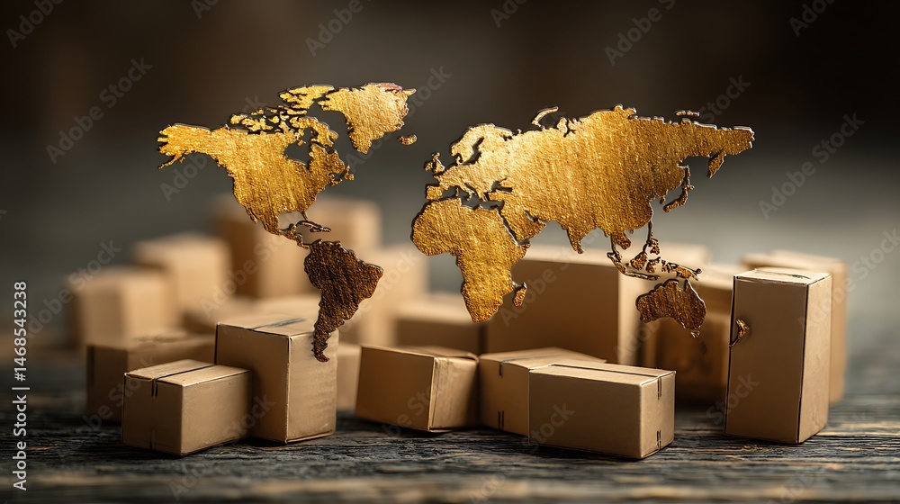 Poster Global logistics and shipping concept with golden world map and cardboard boxes on table