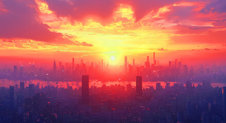 Urban sunset cityscape background ultra realistic painting of high-rise silhouettes against a molten sky of tangerine and violet, with window glows flickering like fireflies under descending dusk back