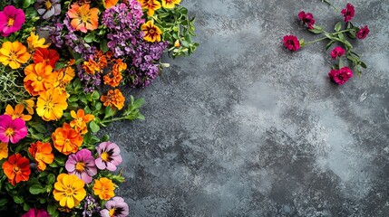 Overhead view of colorful potted flowers arranged on a textured gray surface vibrant blossoms create a lively contrast with the rough background inviting natural beauty