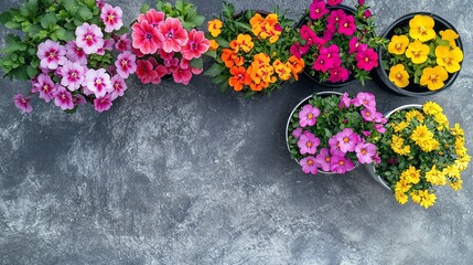 Overhead view of colorful potted flowers arranged on a textured gray surface vibrant blossoms create a lively contrast with the rough background inviting natural beauty