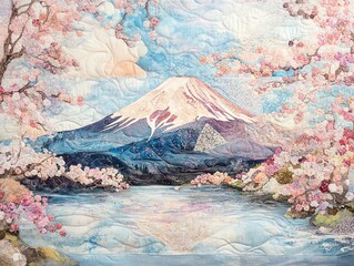 Quilt art of Mount Fuji surrounded by cherry blossoms intricate fabric textures with pastel colors capturing the serene beauty of the Japanese landscape