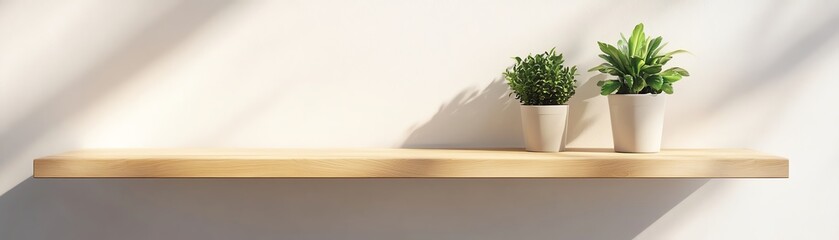 Simple wooden shelf with two potted plants on a white wall natural light casting gentle shadows creating a clean and minimalist aesthetic