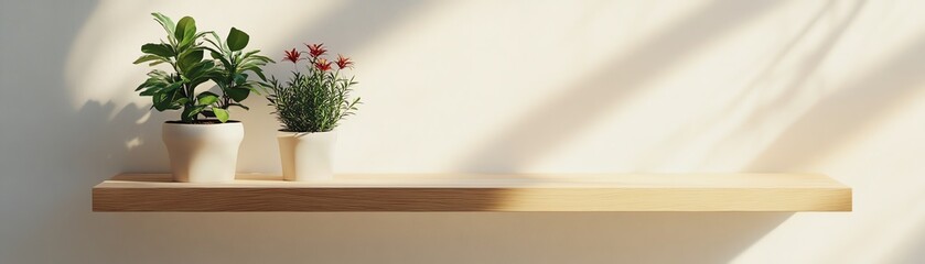 Simple wooden shelf with two potted plants on a white wall natural light casting gentle shadows creating a clean and minimalist aesthetic