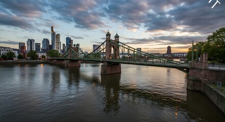 Obraz premium Bridge Over Main River Frankfurt Skyline at Dusk