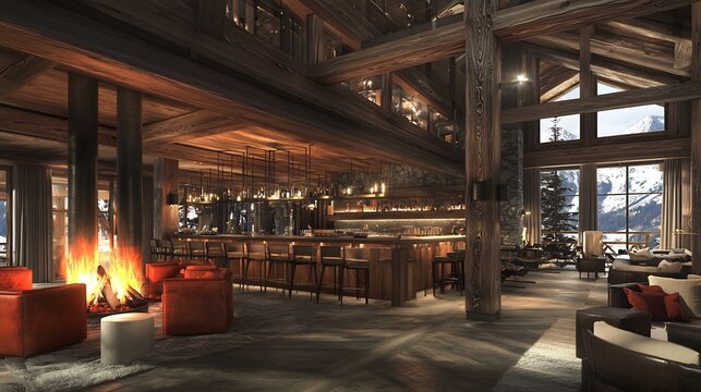 Lavish winter chalet the Alps roaring fire luxurious wood and leather interiors cinematic mountain escape