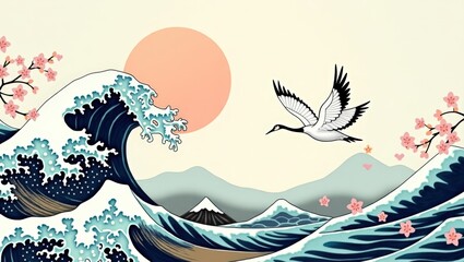 Japanese Art: Crane, Wave, Cherry Blossom, and Mount Fuji Illustration