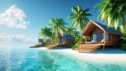 Fototapeta premium Tropical Bungalow Resort on White Sand Beach with Palm Trees