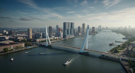 Bridge Over River with City Skyline in Background