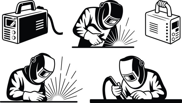 Set of welding illustrations depicting welders and welding machines in monochrome style